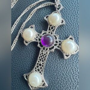 Vintage Sarah Coventry signed 1970 cross with purple moon stone